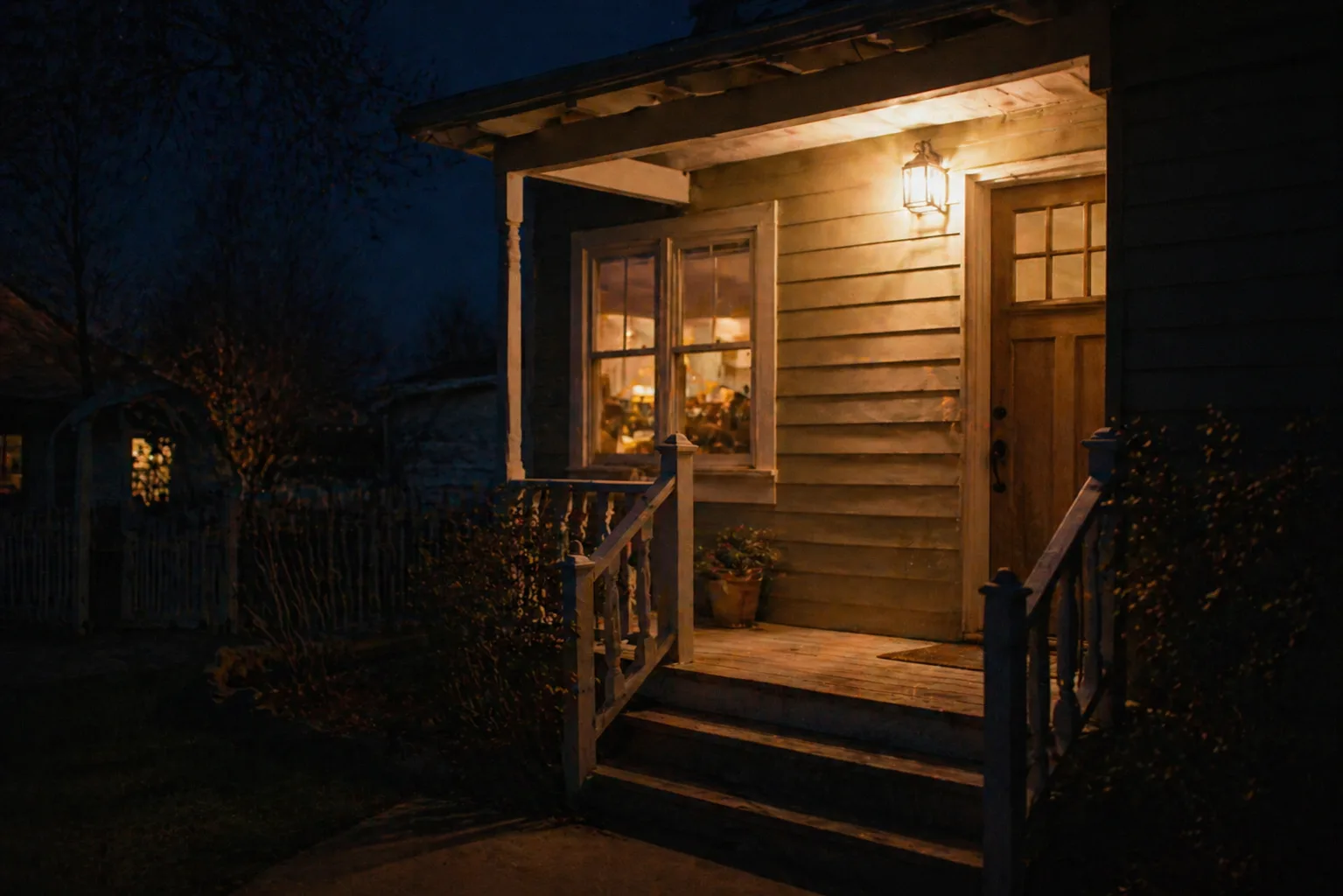 A porch light left on at night